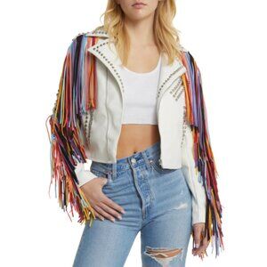 AZALEA WANG Rainbow Rider Fringed Moto Western Biker Jacket S-XL NWT